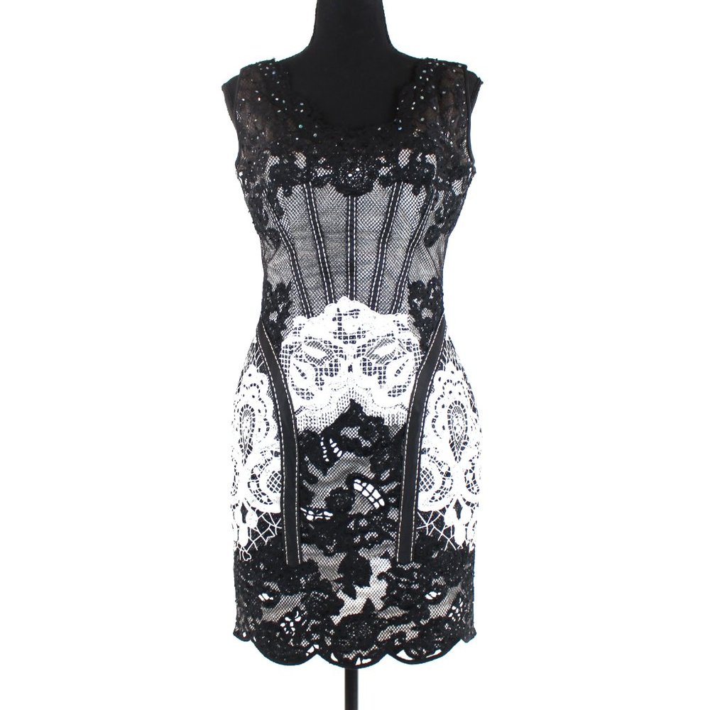 Black and White Lace Overlay Mini Dress